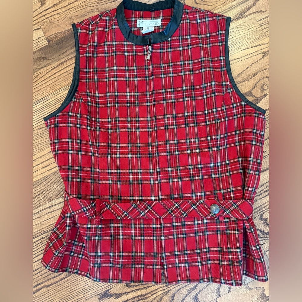 VTG 90s F L Malik Women Vest SZ 6 Tartan Plaid Red Leather Faux Trim Adjustable